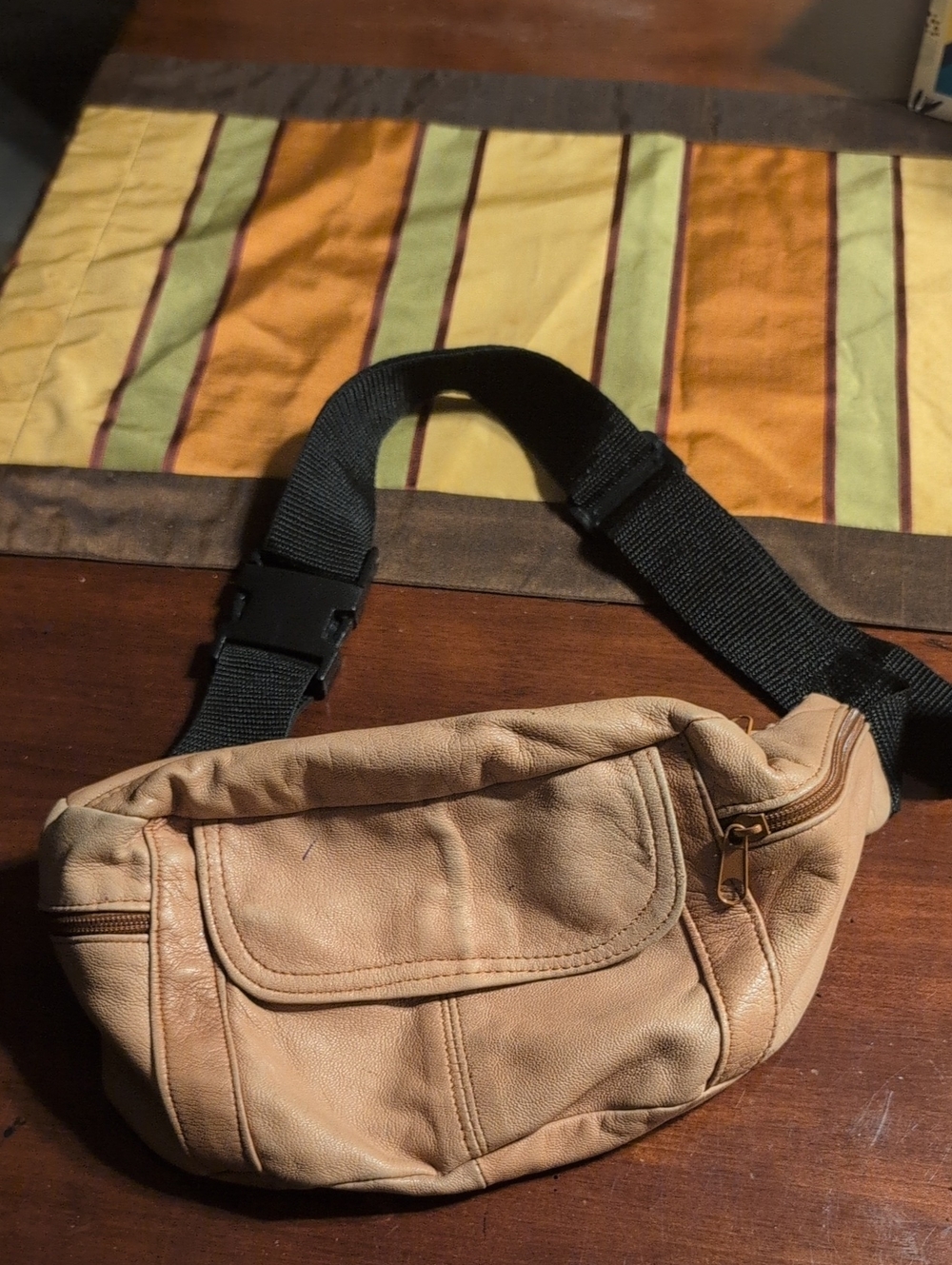 Leather Waist Fanny Bag - Tan Sling Pack With Black Belt. 5 Compartments